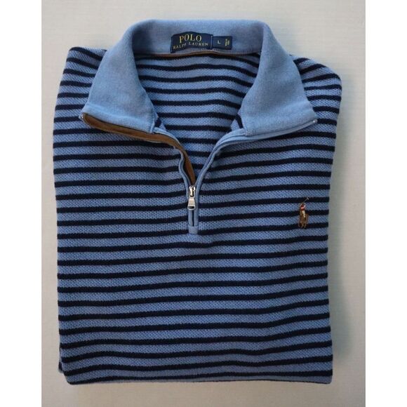 Polo Ralph Lauren Men Sz L Royal Blue Striped Knit 1/4 Zip Pullover Sweater $165 - Picture 4 of 7